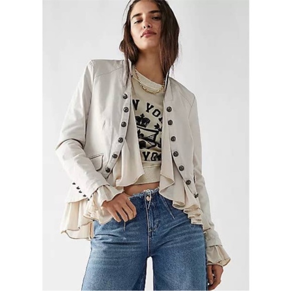 Free People Womens Ruffles Romance Military Jacket Natural Sz small - Picture 4 of 9